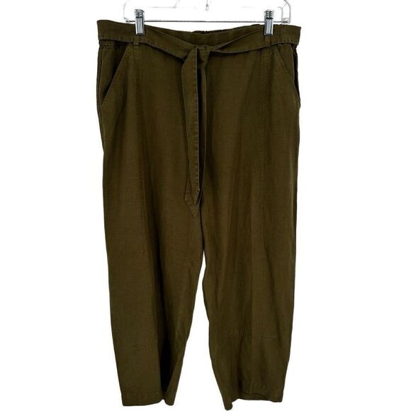 Eileen Fisher Linen Blend Wide Leg Cropped Pants Tie Belt Green Large Petite - Picture 1 of 7